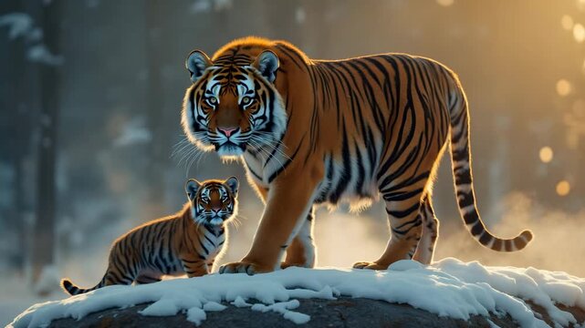 Tiger Mother and Cub in Snow