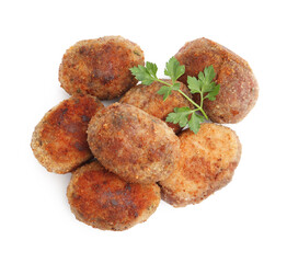 Tasty meat patties with parsley isolated on white, top view