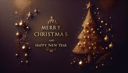 Christmas tree with golden decoration in the navy blue background in a sparkling festive setting