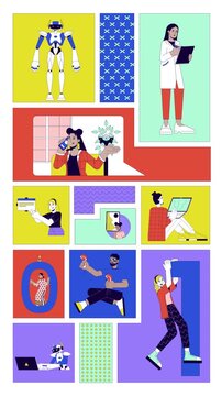 Modern tech lifestyle and remote work animated bento grid layout. AI robotics, VR. Binary code. Digital era 2D animation flat cartoon ui collage design. Vertical 4K video motion graphic collection