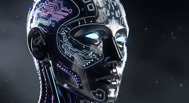 Advanced artificial intelligence cyborg with glowing blue eyes.