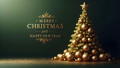 Beautiful golden abstract chritmas tree with decortion and text on a dark green background