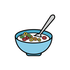 A colorful cartoon illustration of a light blue bowl filled with milk multicolored ringshaped cereal and a spoon.