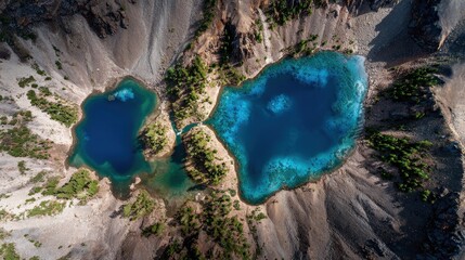 Deep Blue Crater Lakes in Rugged Mountainous Landscape Aerial View