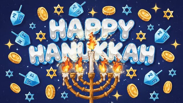 Festive happy Hanukkah lettering with menorah, dreidels, and gelt against a starry night background for holiday celebration footage.