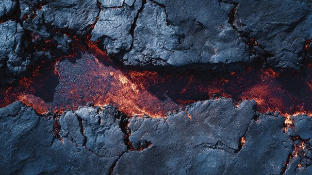 Cooling blue-grey lava fields with glowing orange-red volcanic fissures.
