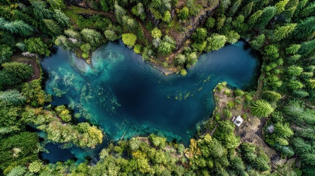 Heart Shaped Blue Lake Surrounded by Lush Green Forest from Above