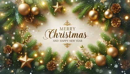 Christmas golden decoration and fir in a soft beige background in a sparkling festive setting