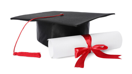 Graduation cap and diploma isolated on white