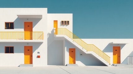 Minimalist geometric architecture with white walls, orange doors, and yellow accents.