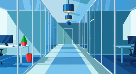 Modern Office Corridor with Glass Partitioned Rooms and Geometric Lighting Fixtures in Minimalist Design