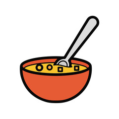Simple cartoon illustration of a bowl of cereal with a spoon.