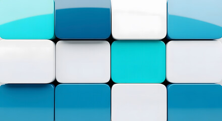 A close-up view of a grid pattern composed of glossy, rounded square blocks in various shades of blue and white, creating a modern abstract background.
