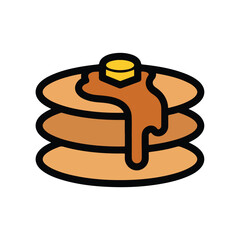 Stacked goldenbrown pancakes with melting yellow butter and rich brown syrup dripping down a sweet breakfast icon.