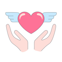 Hands supporting the heart with wings. Minimalistic vector illustration about caring and protection. The concept of love, friendship, healing, help or support, intimacy and caring. Outline illustratio