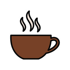 Steaming Brown Coffee Cup with Handle and Wisps of Steam.