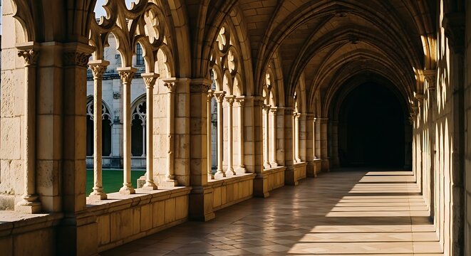 Ancient Cloister Walkway with Sunlight and Shadows.