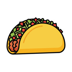 Stylized cartoon taco icon with a crunchy yellow shell meat lettuce and diced tomatoes.