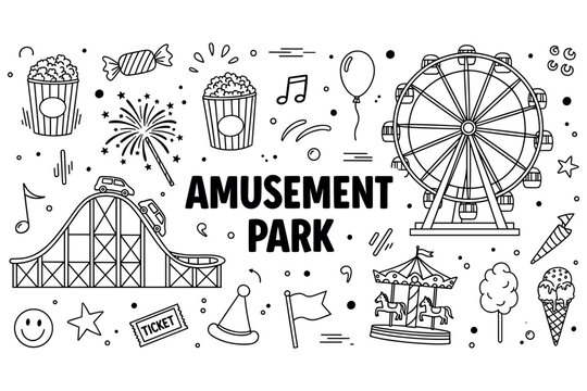 Amusement park doodle: roller coaster, ferris wheel, carousel, and snacks in black and white