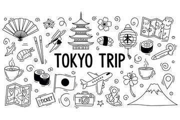 Tokyo trip: iconic symbols of japan in black and white illustration