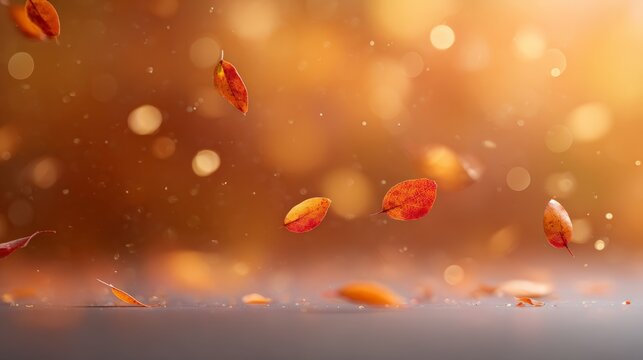 Beautiful, vibrant autumn leaves gently falling against a blurred background with bokeh effect, creating a warm, inviting, and festive atmosphere perfect for autumn themed designs - Powered by Adobe