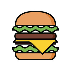 Stylized illustration of a doublepatty cheeseburger with lettuce and bun.