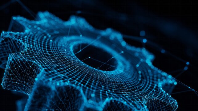 Abstract three dimensional representation of a mechanical gear structure created with glowing digital lines and nodes