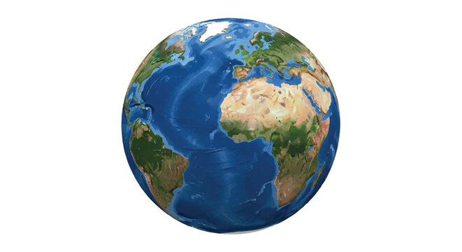 High-resolution image of a realistic Earth model with detailed continents and oceans on a plain white background.