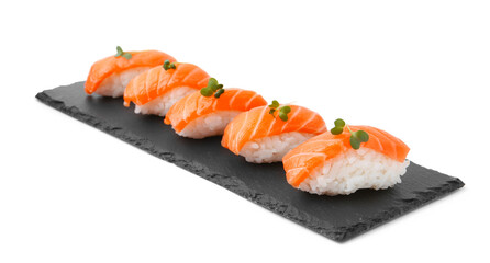 Delicious nigiri sushi with salmon and microgreens isolated on white