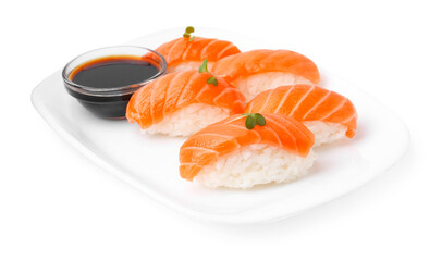 Delicious nigiri sushi with salmon, microgreens and soy sauce isolated on white