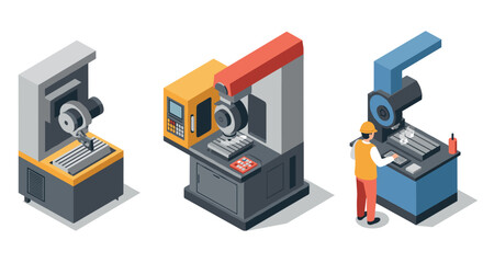 Isometric industrial machinery with worker operating cnc machine