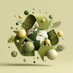 3D eco concept showing green recycling arrows surrounding the planet Earth, symbolizing sustainability and environmental protection