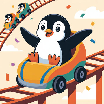 Cute Whimsical Penguin Riding a rollercoaster Vector Illustration