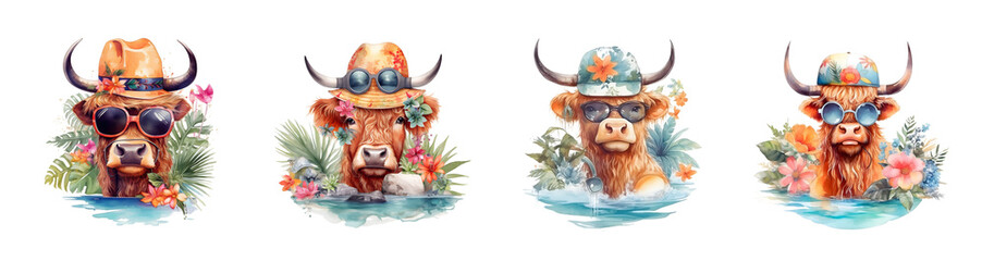Naklejka premium Four Highland cows wearing hats and sunglasses surrounded by tropical flowers and foliage beside water transparent background