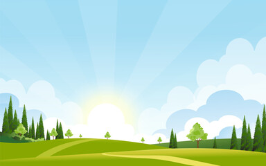 Sky, Cloud on blue background over grass field on hill,Vector cartoon landscape green farm land on Spring with tree, lawn meadow and road on rural mountain.Horizon morning summer nature in village © Anchalee
