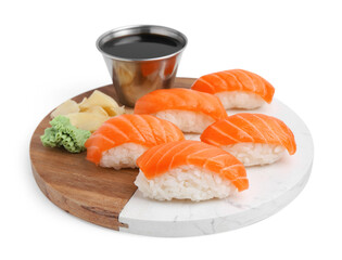 Delicious nigiri sushi with salmon, wasabi, ginger and soy sauce isolated on white