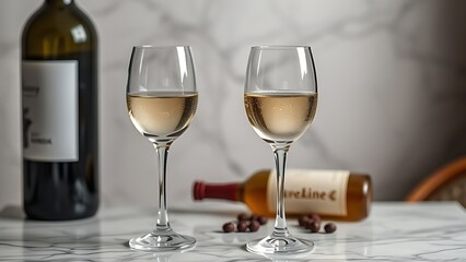 marbel. Elegant still life of crystal wine glasses and a bottle on marble, softly lit for luxury. bar promotions, beverage menus, designed for product packaging and bar promotions.