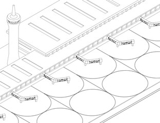 Isometric vector illustration of an airport terminal layout from aerial perspective, featuring multiple boarding gates, runways, and aircraft parking positions for transportation design concepts.