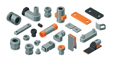 Industrial hardware components isometric design featuring nuts bolts and connectors in orange and gray tones