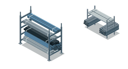 Isometric metal storage racks with industrial pipes in warehouse setting