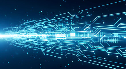 Abstract digital circuit board with glowing blue lines representing data flow and technological advancement.