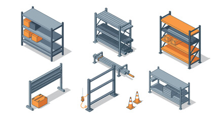 Industrial storage racks with safety barriers and equipment in isometric design