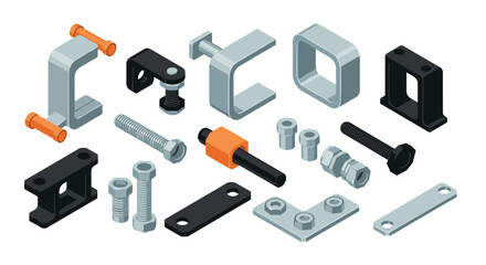 Isometric mechanical components set with screws, bolts, and clamps