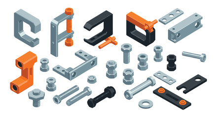 Isometric metal components and tools collection for industrial design projects