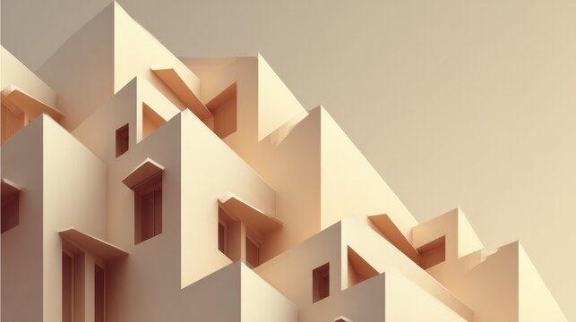Modern abstract architectural building exterior with geometric shapes and warm sandy tones.