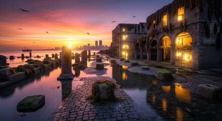 Sunrise over urban ruins captivating seascape with ancient structures blending with city skyline