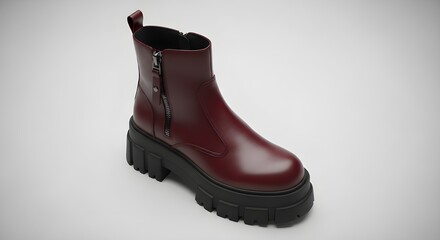 Burgundy leather platform ankle boot on gray background, thick lug sole, stylish bold cinematic design.
