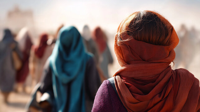 Religious biblical background featuring faceless people dressed in biblical period clothing ancient historical times Christian historical narrative spiritual atmospheric scene