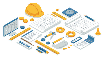 Isometric engineering tools and blueprints for construction and design projects