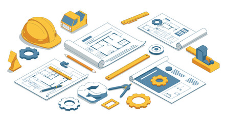 Isometric engineering blueprint and construction tools